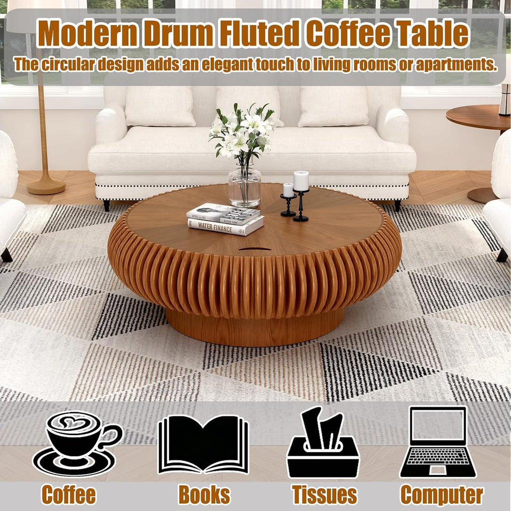 39.37'' Round Drum Coffee Table with Hidden Storage, Modern Fluted Coffee Tables with Solid Wood Veneer, Wooden Circle Center Table for Living Room, Small Spaces, and Apartments, Easy Assembly