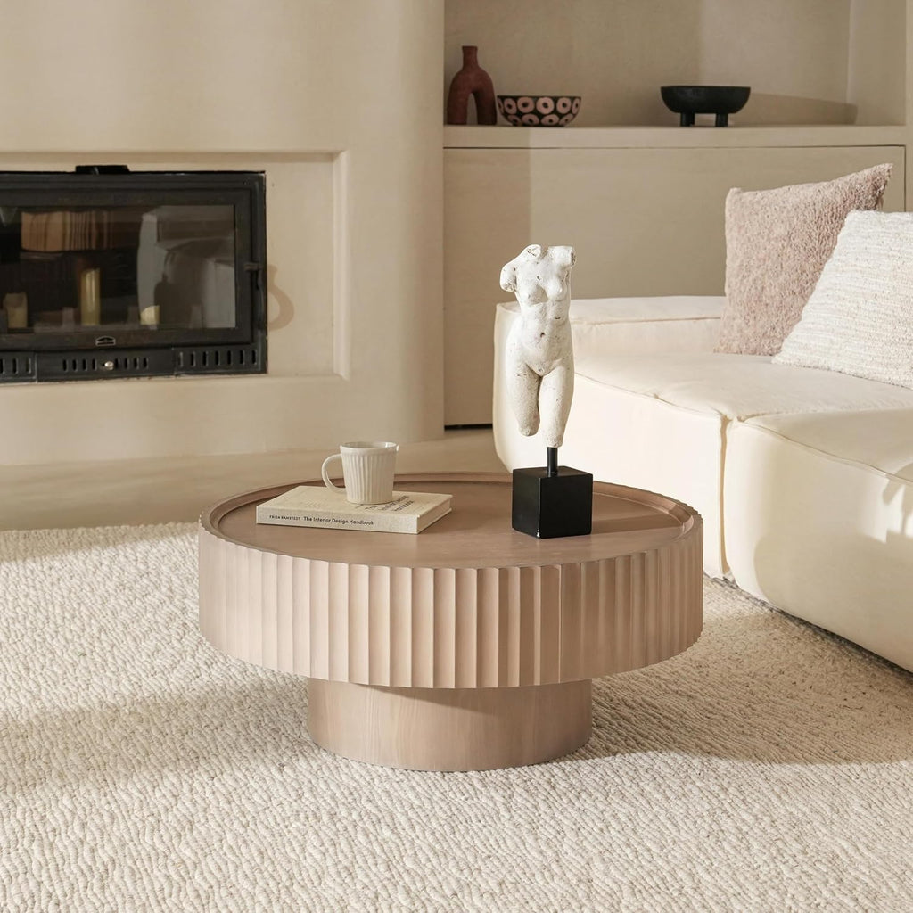 Round Coffee Table, 30.3in Modern Living Room Table, Fluted Drum Circle Tea Table with Storage, Accent Center Tables for Living Room, Apartment, Small Space (Grayish Pink)