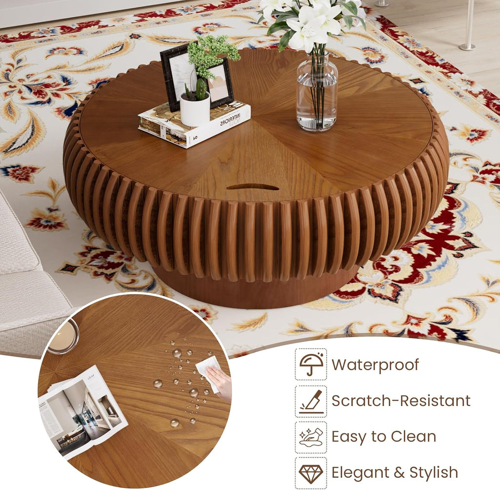 Round Fluted Coffee Table with Storage for Living Room, Modern Wooden Drum Coffee Table with Solid Wood Veneered, Circle Accent Tea Center Table for Small Space Apartmen (Brown, 31.5' with Storage)