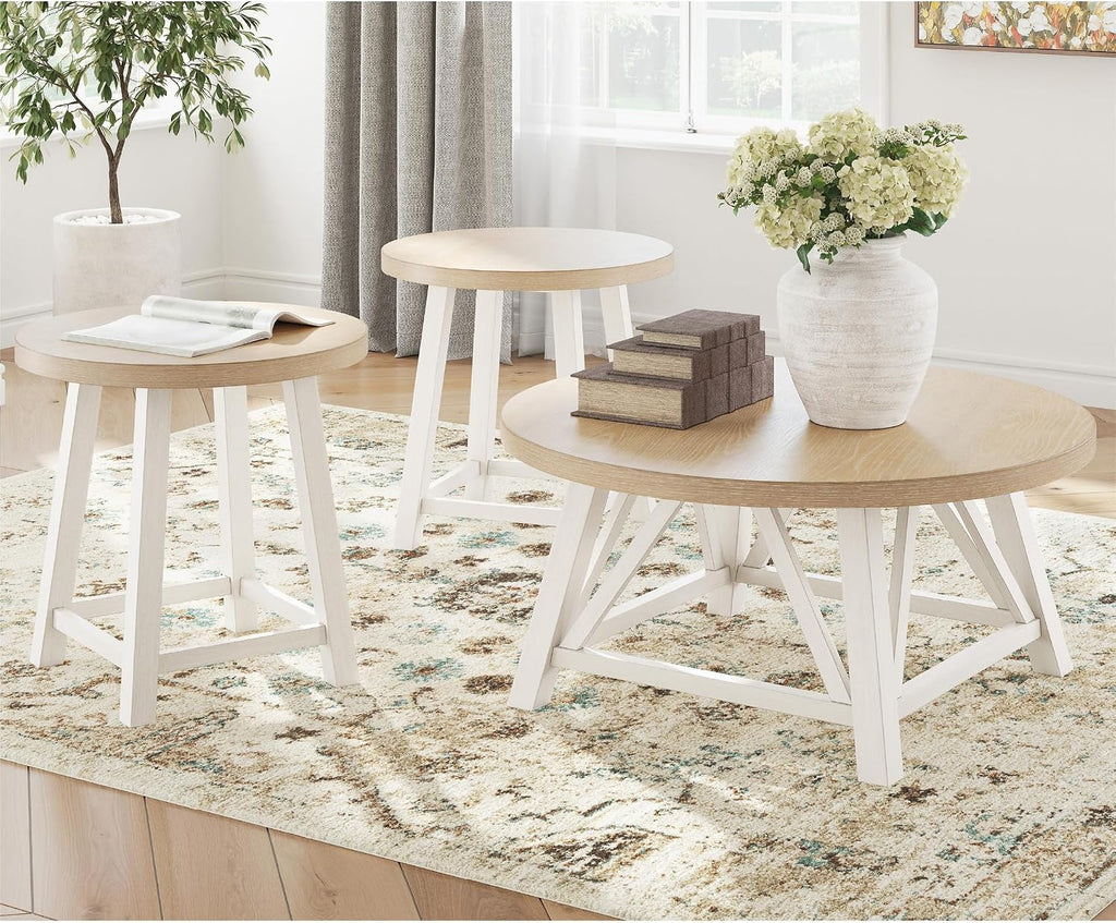 Signature Design by Ashley Fawndell Casual Table with Antiqued Finish, Set of 3, White & Light Brown
