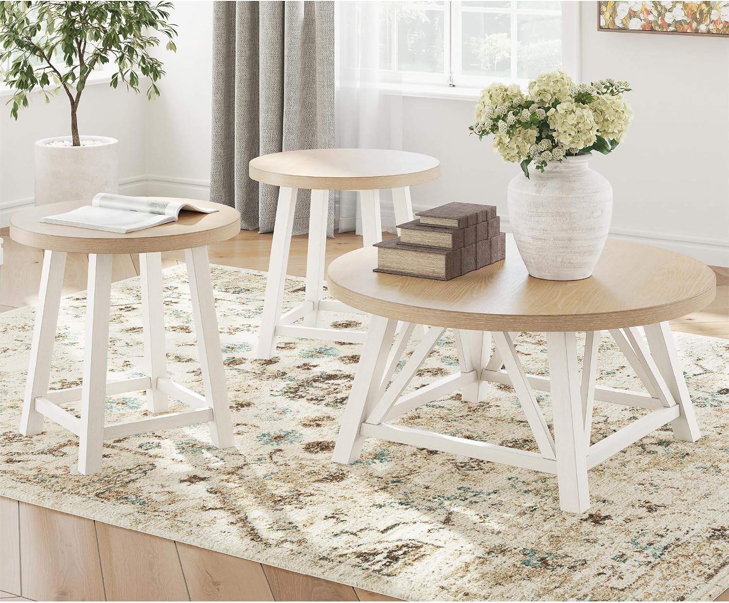 Signature Design by Ashley Fawndell Casual Table with Antiqued Finish, Set of 3, White & Light Brown