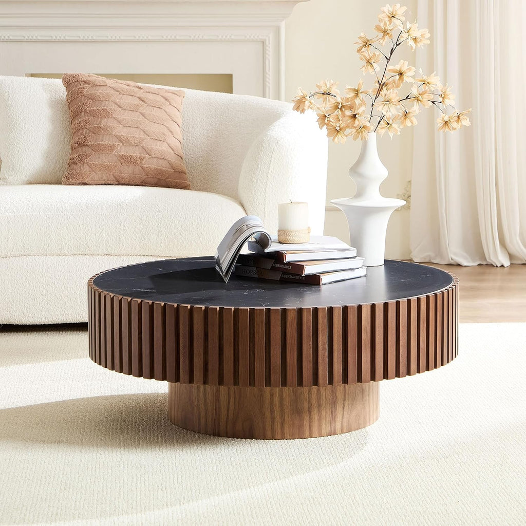 WILLIAMSPACE 35.43' Round Coffee Table with Sintered Stone Tabletop, Modern Farmhouse Wood Circle Drum Center Table for Living Room, Accent Side End Table for Apartment, 13.77' H (Walnut+Black)