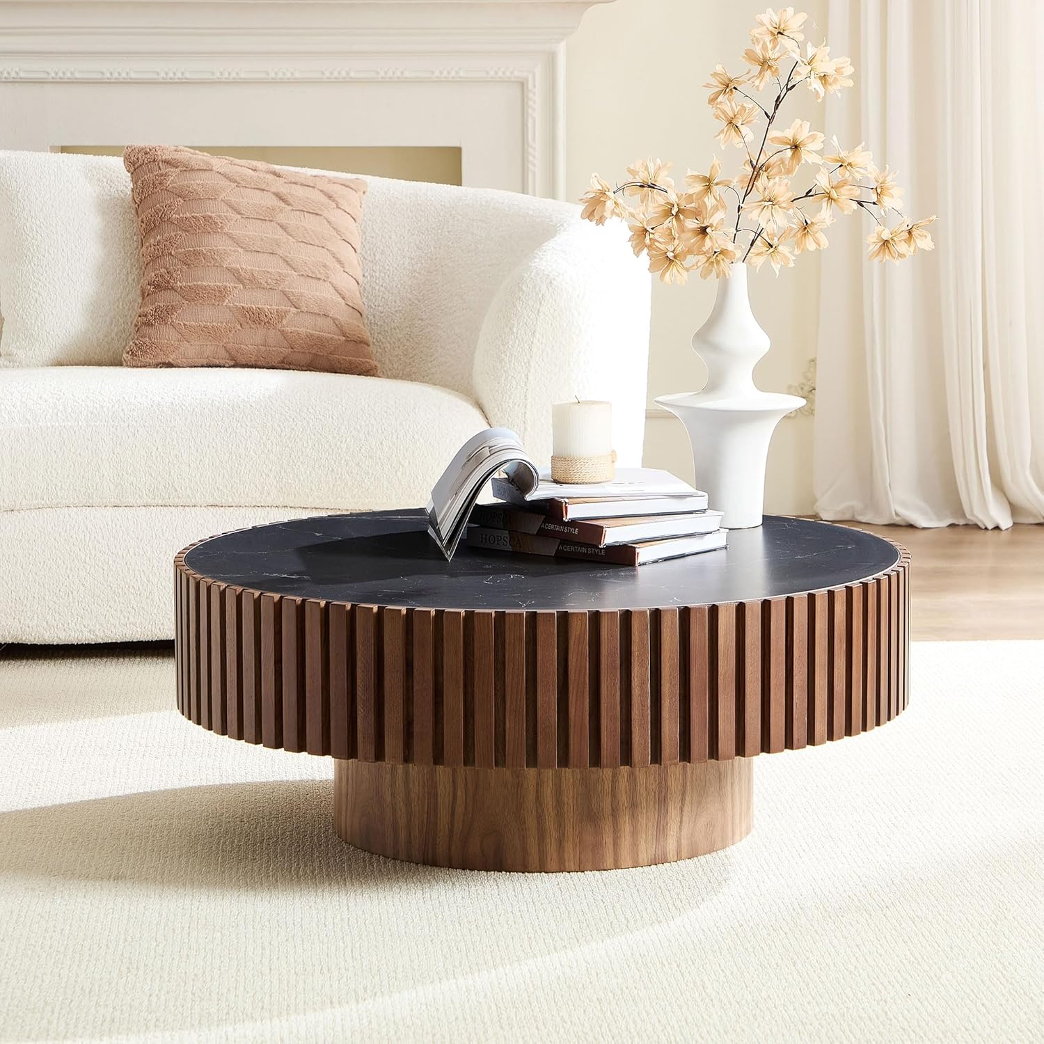 WILLIAMSPACE 35.43' Round Coffee Table with Sintered Stone Tabletop, Modern Farmhouse Wood Circle Drum Center Table for Living Room, Accent Side End Table for Apartment, 13.77' H (Walnut+Black)