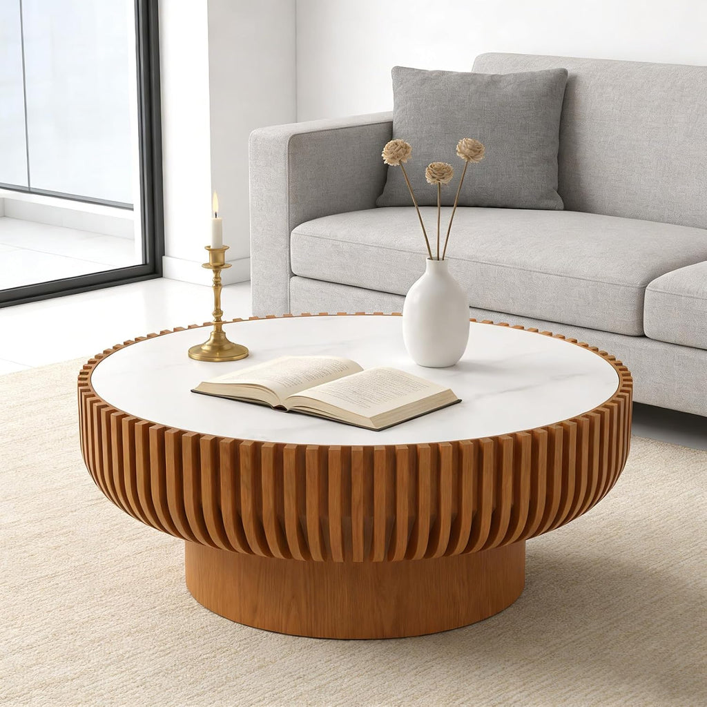 31.5' Round Fluted Coffee Table Unique Contemporary Wood Low Circle Drum Tea Tables with Spacious Rock Slab Tabletop & Sturdy Pedestal for Small Space (K 31.5in)