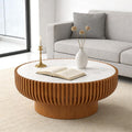 31.5' Round Fluted Coffee Table Unique Contemporary Wood Low Circle Drum Tea Tables with Spacious Rock Slab Tabletop & Sturdy Pedestal for Small Space (K 31.5in)