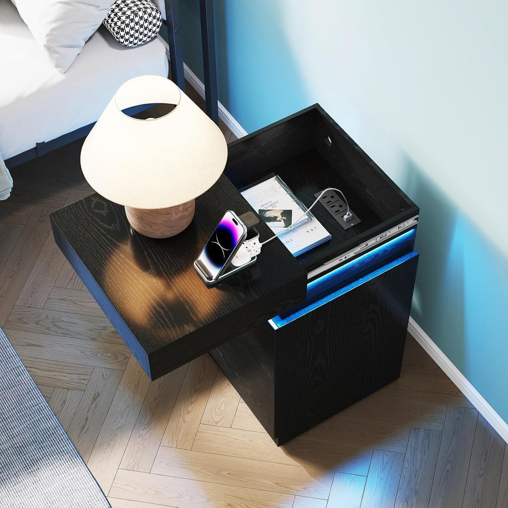 Black Nightstand with Charging Station and LED Light,27'' Tall Night Stand with Sliding Top for Bedroom, Bedside Table with 3 Drawers, Modern End Side Table for Living Room