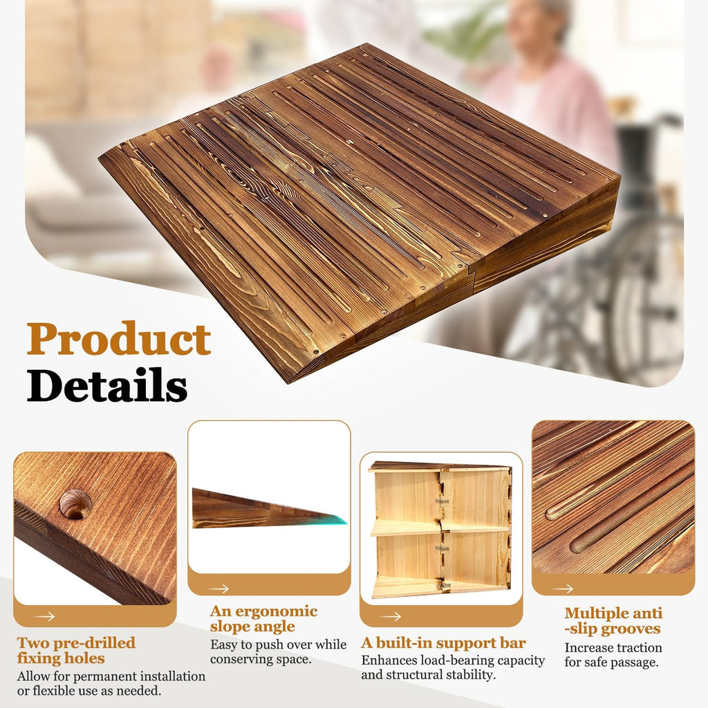 Wooden Threshold Ramps for Doorways, Home Steps Wheelchair Ramps,Walker/Cart/Scooter Stair Ramp for Elderly Handicap with Non-Slip Grooves (31.6' W*5.0' H, Solid Wood, 600lbs Capacity)