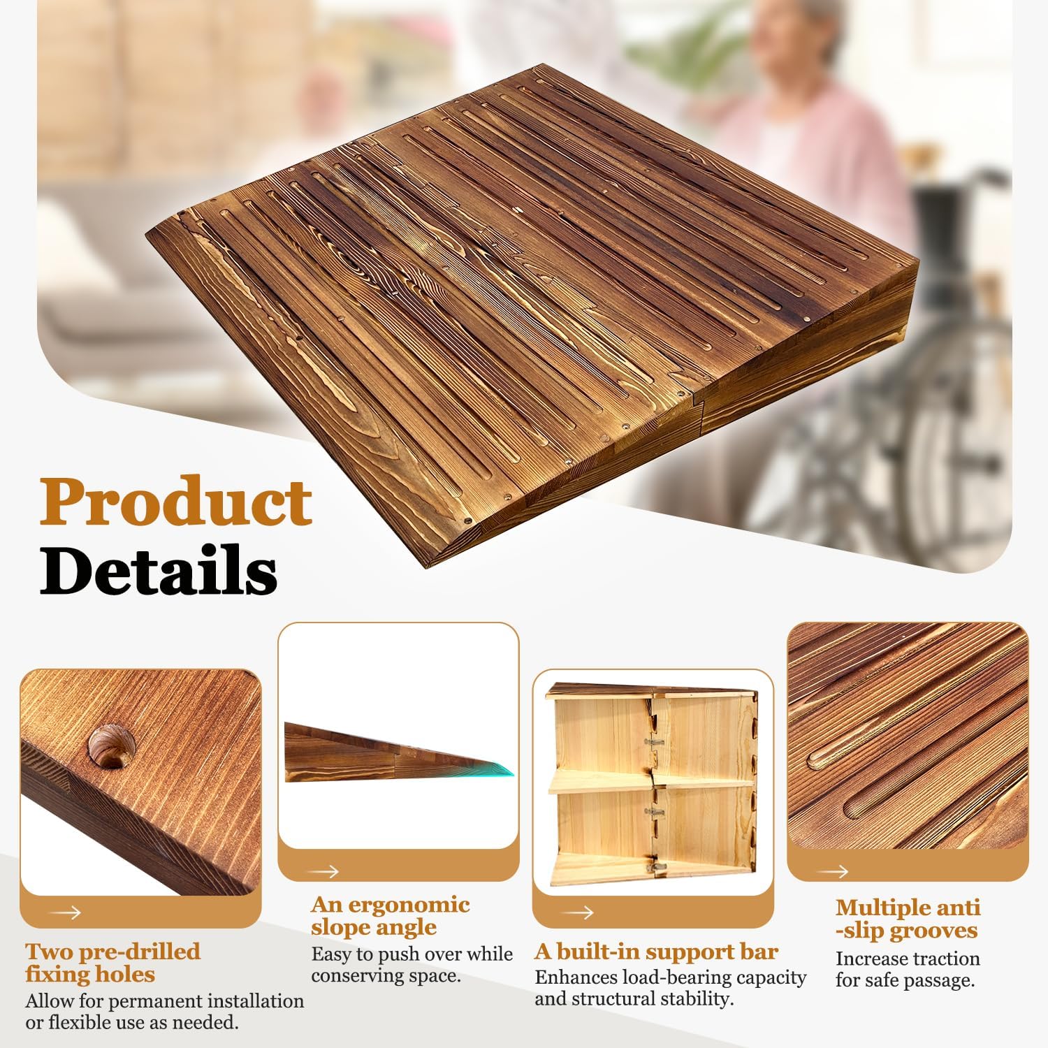 Wooden Threshold Ramps for Doorways, Home Steps Wheelchair Ramps,Walker/Cart/Scooter Stair Ramp for Elderly Handicap with Non-Slip Grooves (31.6' W*5.0' H, Solid Wood, 600lbs Capacity)