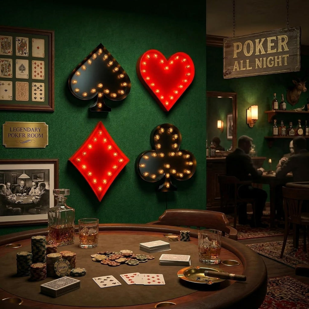 NEONSIGN Playing Card Suit LED Metal Marquee Wall Light Set of 4 – 24 Inch Spade Heart Diamond Club Casino Themed Metal Wall Decor for Game Room Bar Poker Room