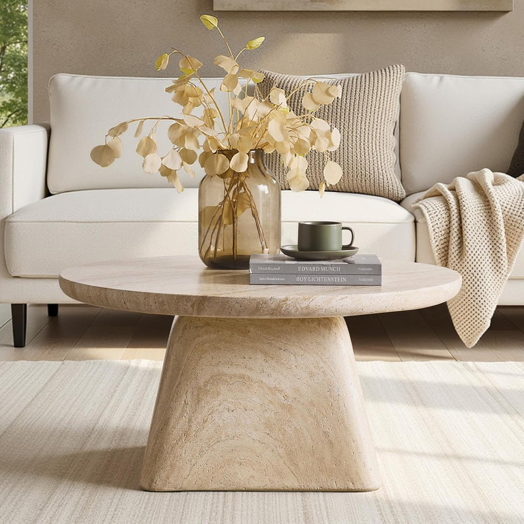HULALA HOME Modern 31.88' Round Coffee Table with Stone-Look Finish and Sculpted Pedestal Base, Stylish Living Room Center Table(Natural)