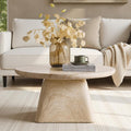 HULALA HOME Modern 31.88' Round Coffee Table with Stone-Look Finish and Sculpted Pedestal Base, Stylish Living Room Center Table(Natural)