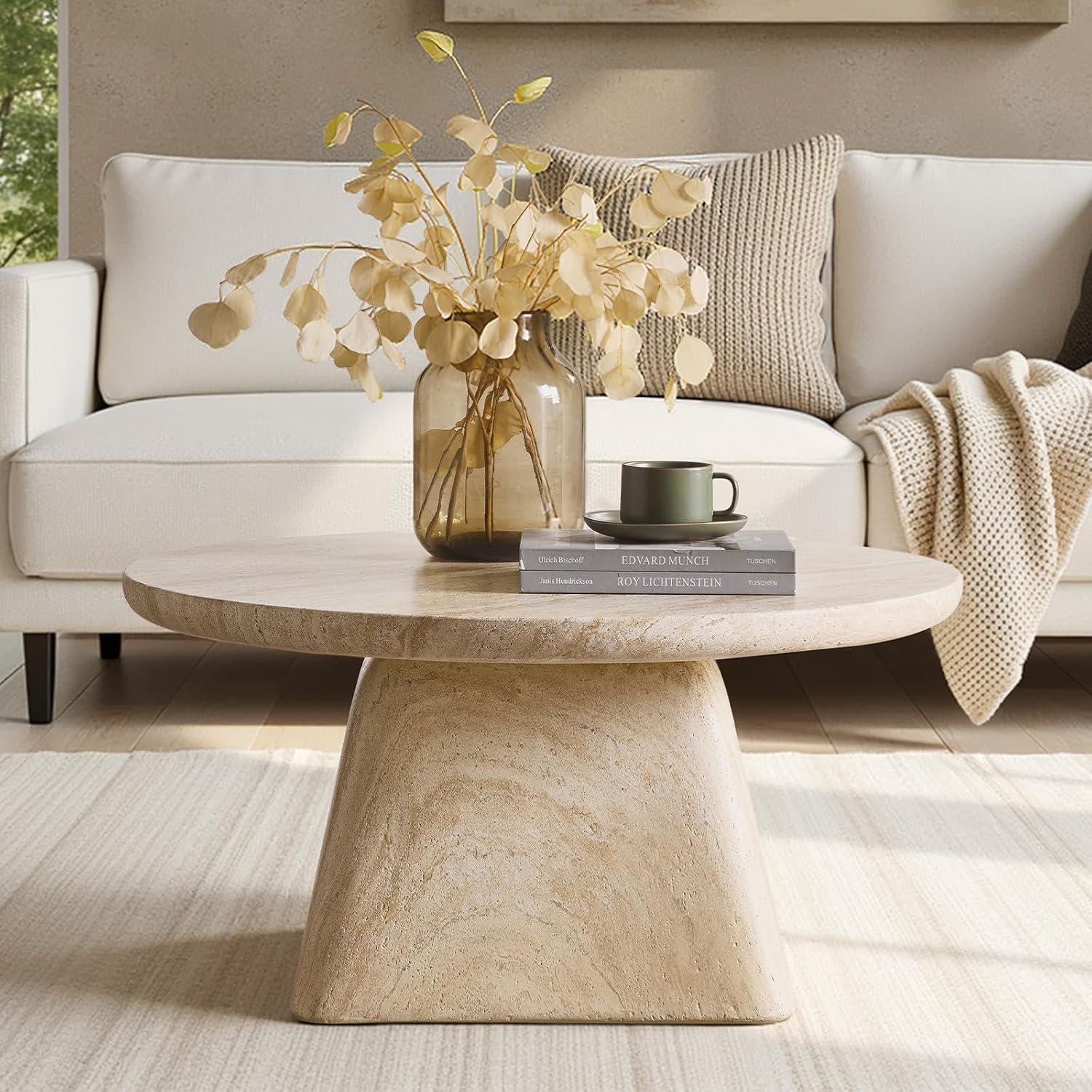 HULALA HOME Modern 31.88' Round Coffee Table with Stone-Look Finish and Sculpted Pedestal Base, Stylish Living Room Center Table(Natural)