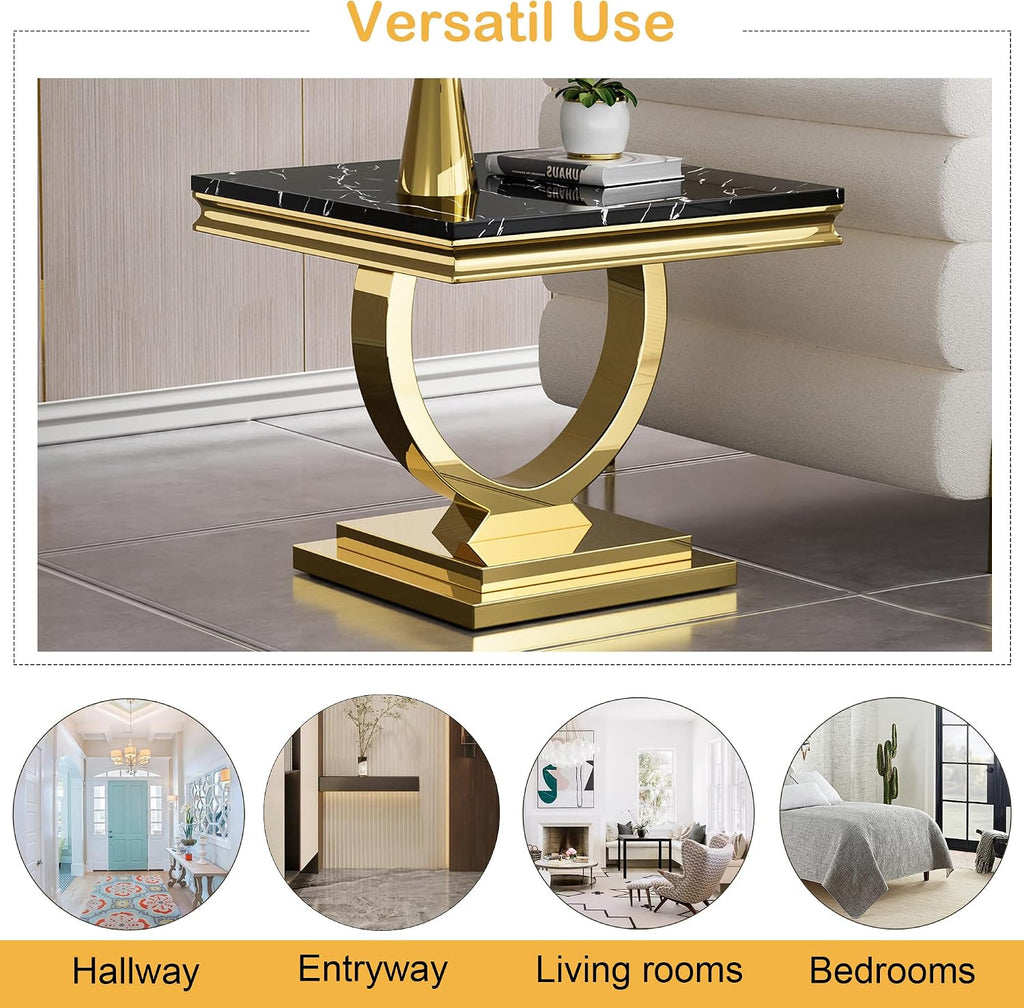 Modern Marble End Table, 22.8' Square Black Side Tables with Gold Stainless Steel O-Shaped Base, Faux Marble End Table Nightstand Bedside Tables for Living Room Bedroom Office