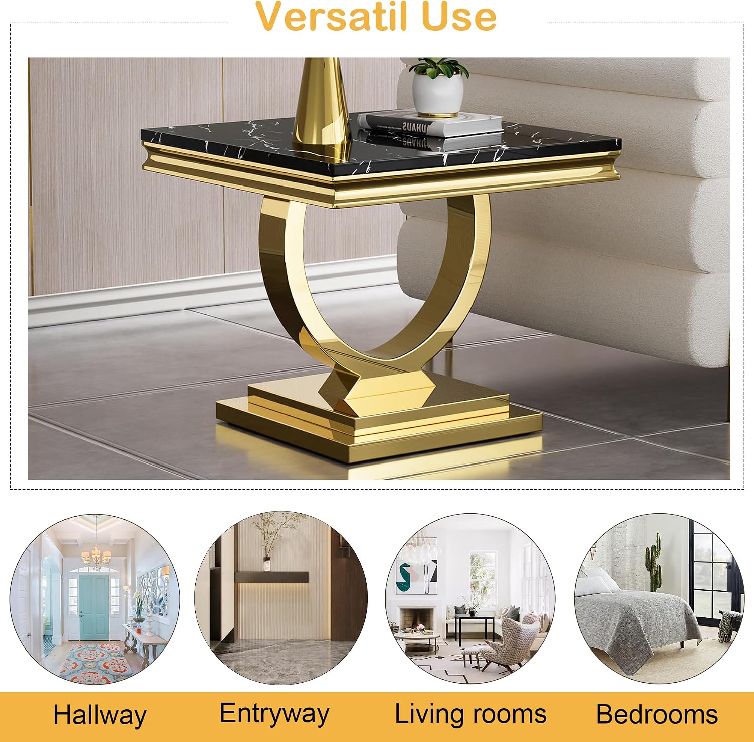 Modern Marble End Table, 22.8' Square Black Side Tables with Gold Stainless Steel O-Shaped Base, Faux Marble End Table Nightstand Bedside Tables for Living Room Bedroom Office