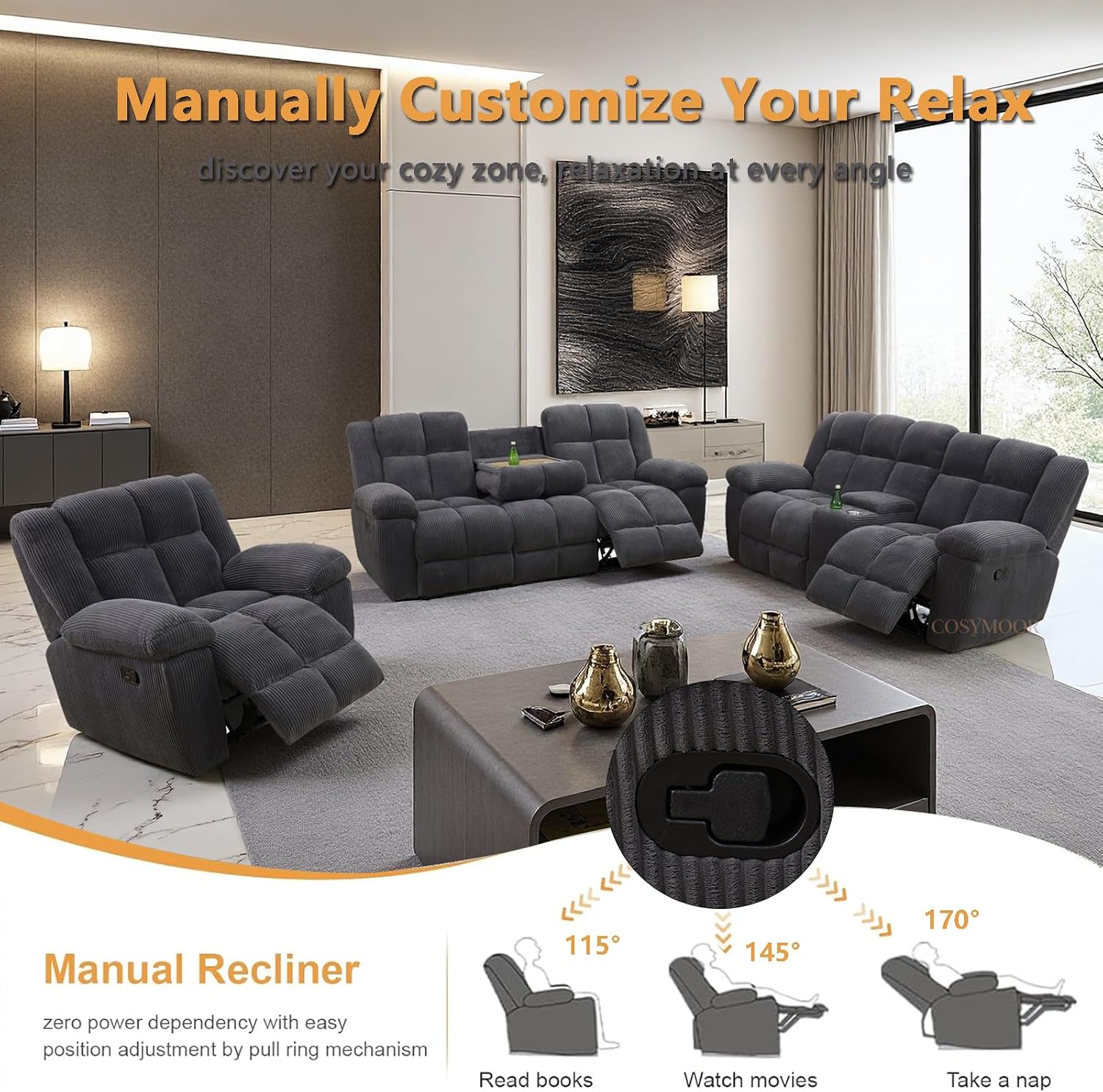 Corduroy Recliner Sofa Set with Cup Holder, 3 Pieces Living Room Furniture Sets, Grey Manual Corduroy Sofa Set with Storage, Modern Reclining Couches for Living Room/Office