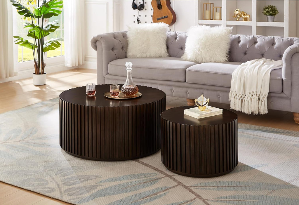 Nesting Round Wood Coffee Table Set of 2, Handcraft Drum Side Table End Table for Living Room, Modern Circle Wooden End Table Set for Small Space, No Need Assembly(Dark Brown,31x31x16 in)