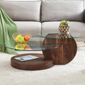 Glass Coffee Table, Modern Round Clear Coffee Tables for Living Room, 3-Tier Circle Tempered Coffee Table with Storage Wooden Side Table for Home Bedroom Balcony Yard (Walnut, 42 inch)