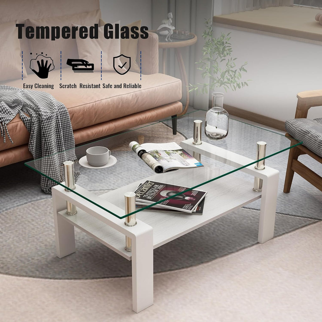White Glass Coffee Table Sets of 3 for Living Room, Mordern End Table Sofa Side Tables, Metal Leg and Wood Storage 2 Tier, Rectangle