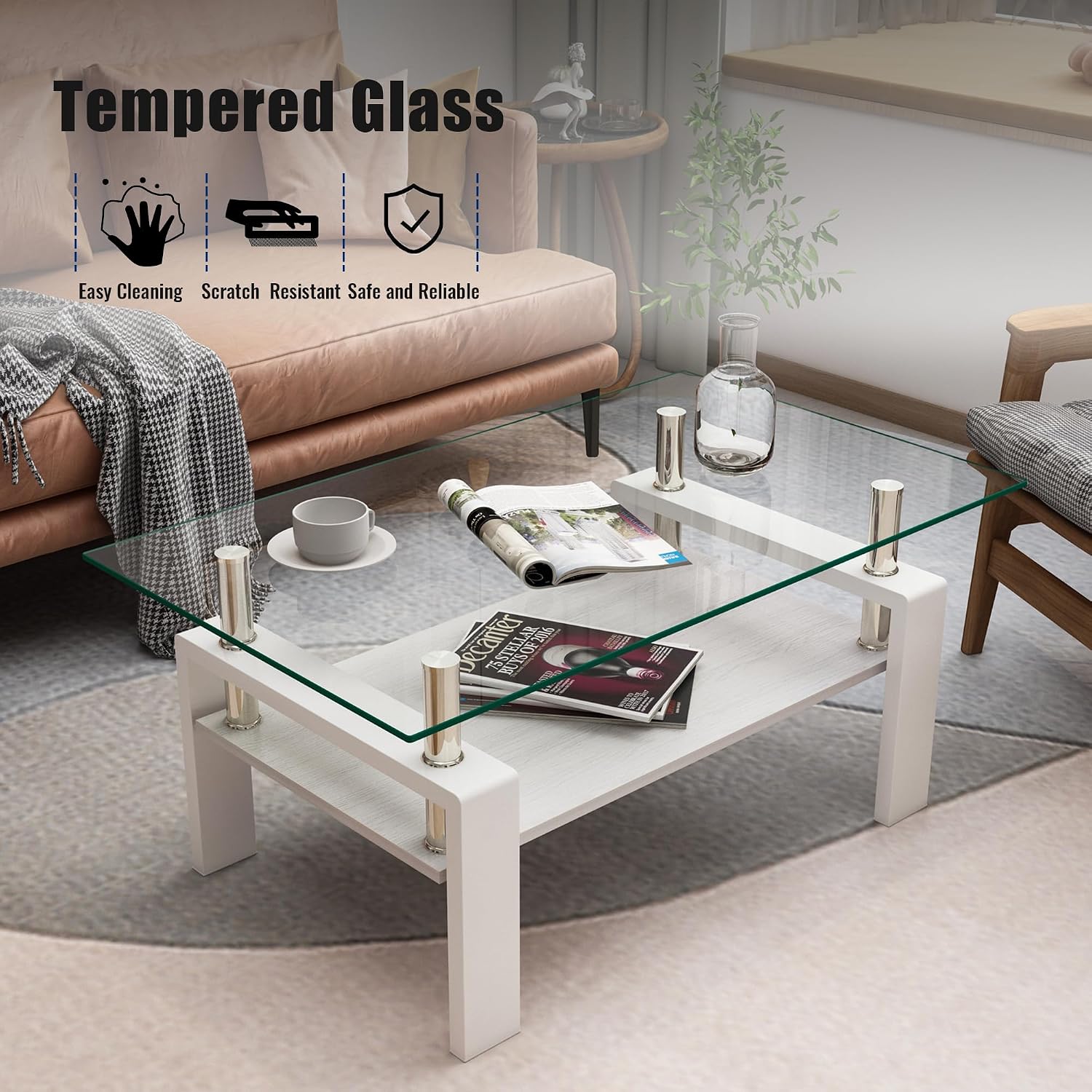 White Glass Coffee Table Sets of 3 for Living Room, Mordern End Table Sofa Side Tables, Metal Leg and Wood Storage 2 Tier, Rectangle