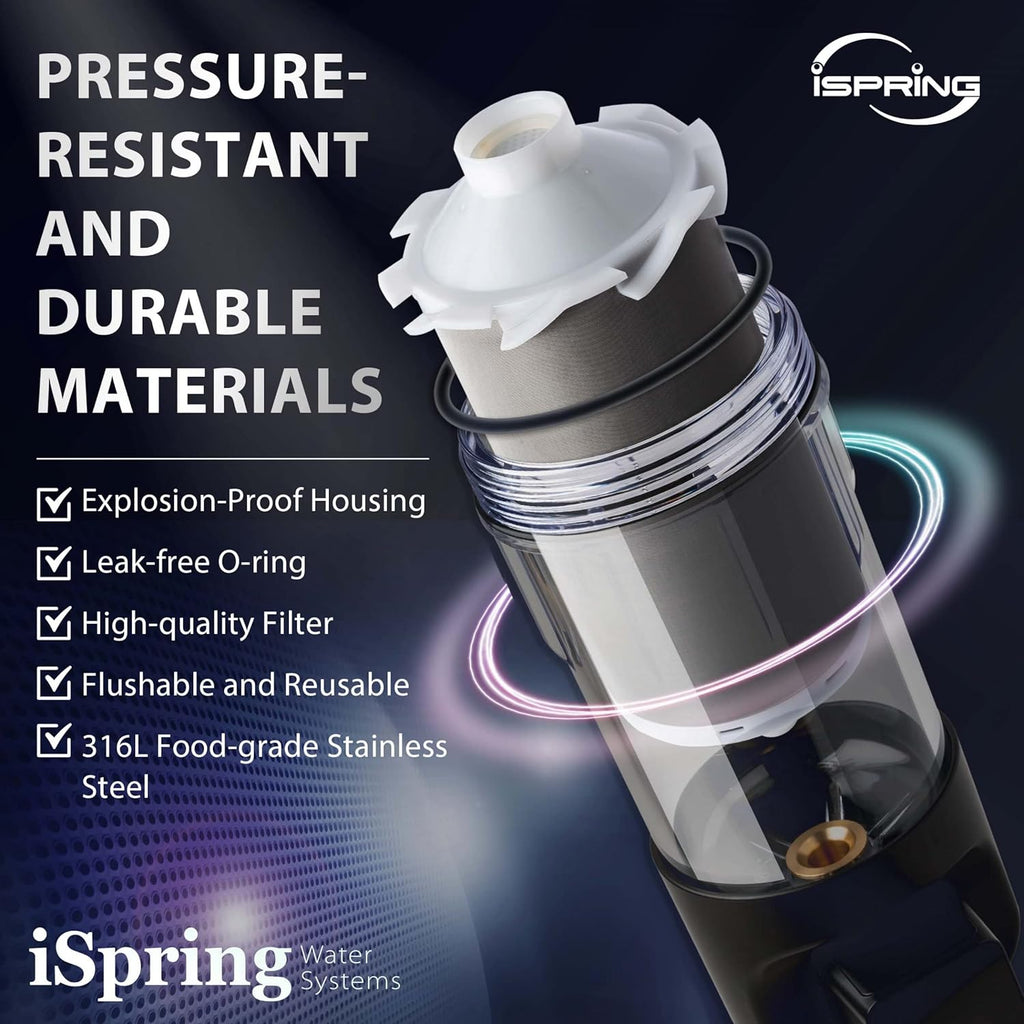 iSpring WSP100ARJ-BP Whole House Water Filter System Prefilter, Auto Flushing Spin Down Sediment Filter for Well Water, Integrated Bypass, 4-Mode Touch-Screen, Reusable, Jumbo Size, 100 Micron