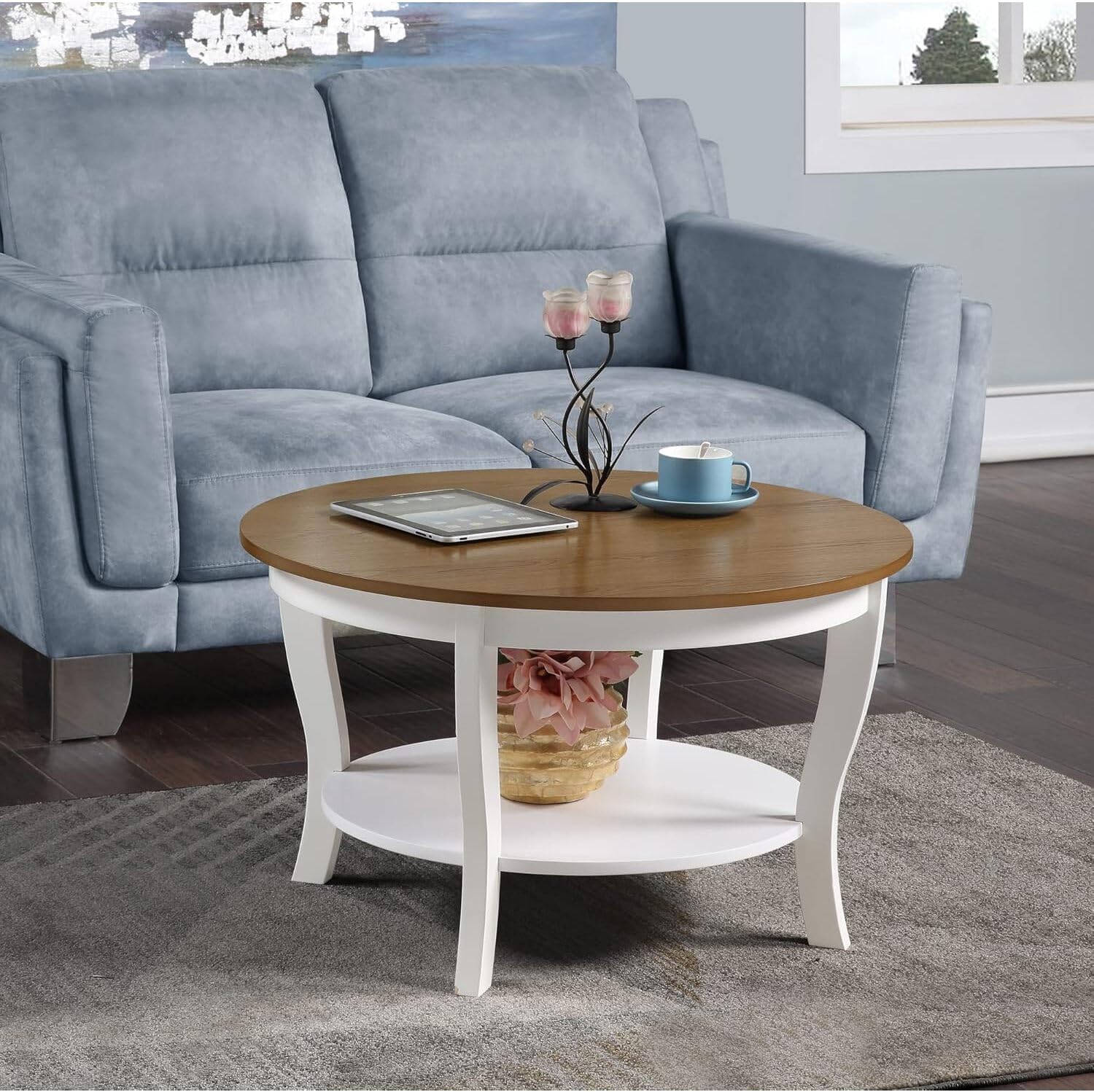 HomeStock Global Greatness Round Coffee Table with Shelf, Wood Finish, Classic Transitional Style Table, Two Tier Spacious Shelving, 30.00 x 30.00 x 18.00 Inch Driftwood and White