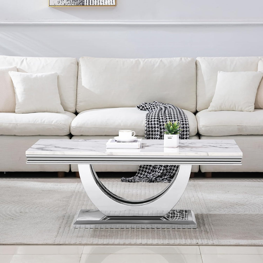 3 Pieces Coffee Table Set, Faux Marble Living Room Table Set of 3, Modern Coffee Table and 2 End Tables with Dual U-Shaped Stainless Steel Base for Living Room (White Silver)