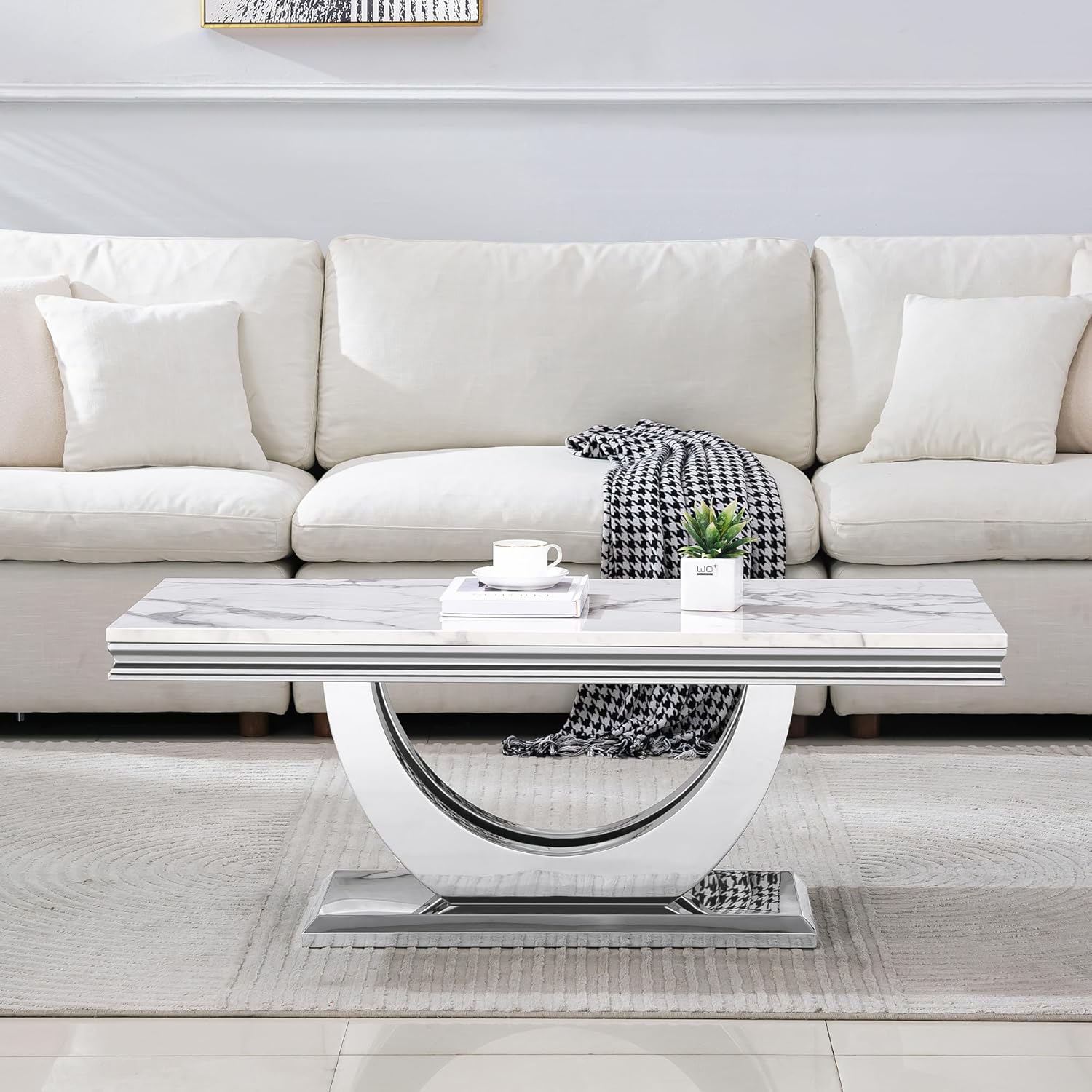 3 Pieces Coffee Table Set, Faux Marble Living Room Table Set of 3, Modern Coffee Table and 2 End Tables with Dual U-Shaped Stainless Steel Base for Living Room (White Silver)