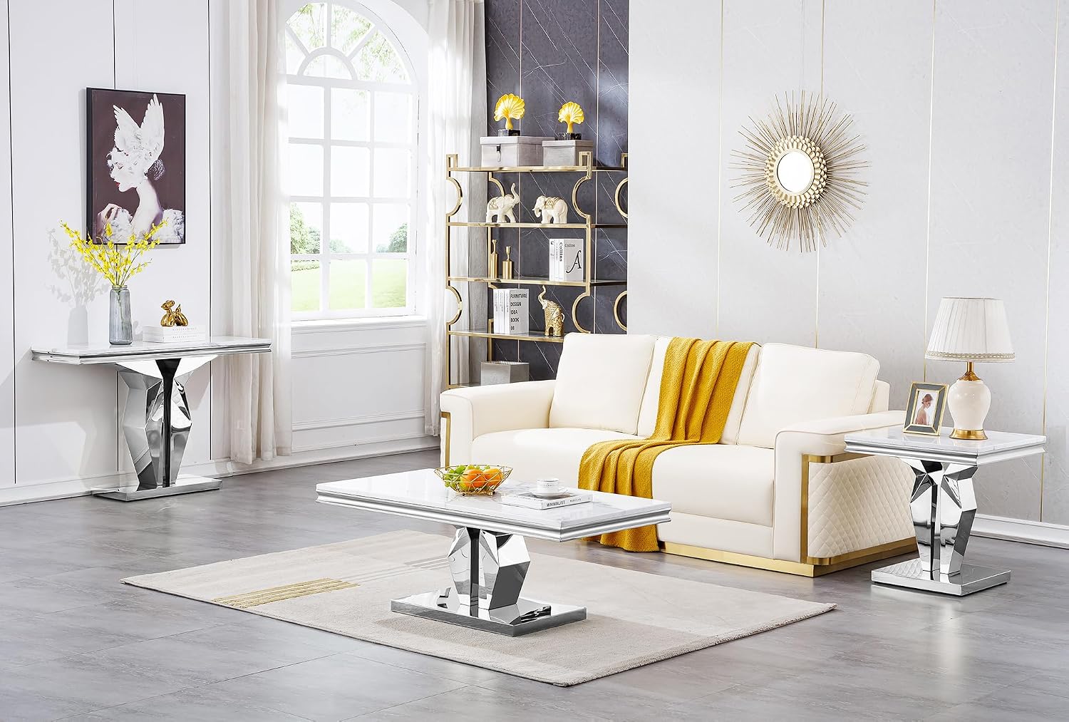 Henf 3 Piece Living Room Table Set, Faux Marble Coffee & Console & End Tables, Luxury White Gold Coffee Table Set of 3 with Mirrored Stainless Steel Base for Living Room Apartment