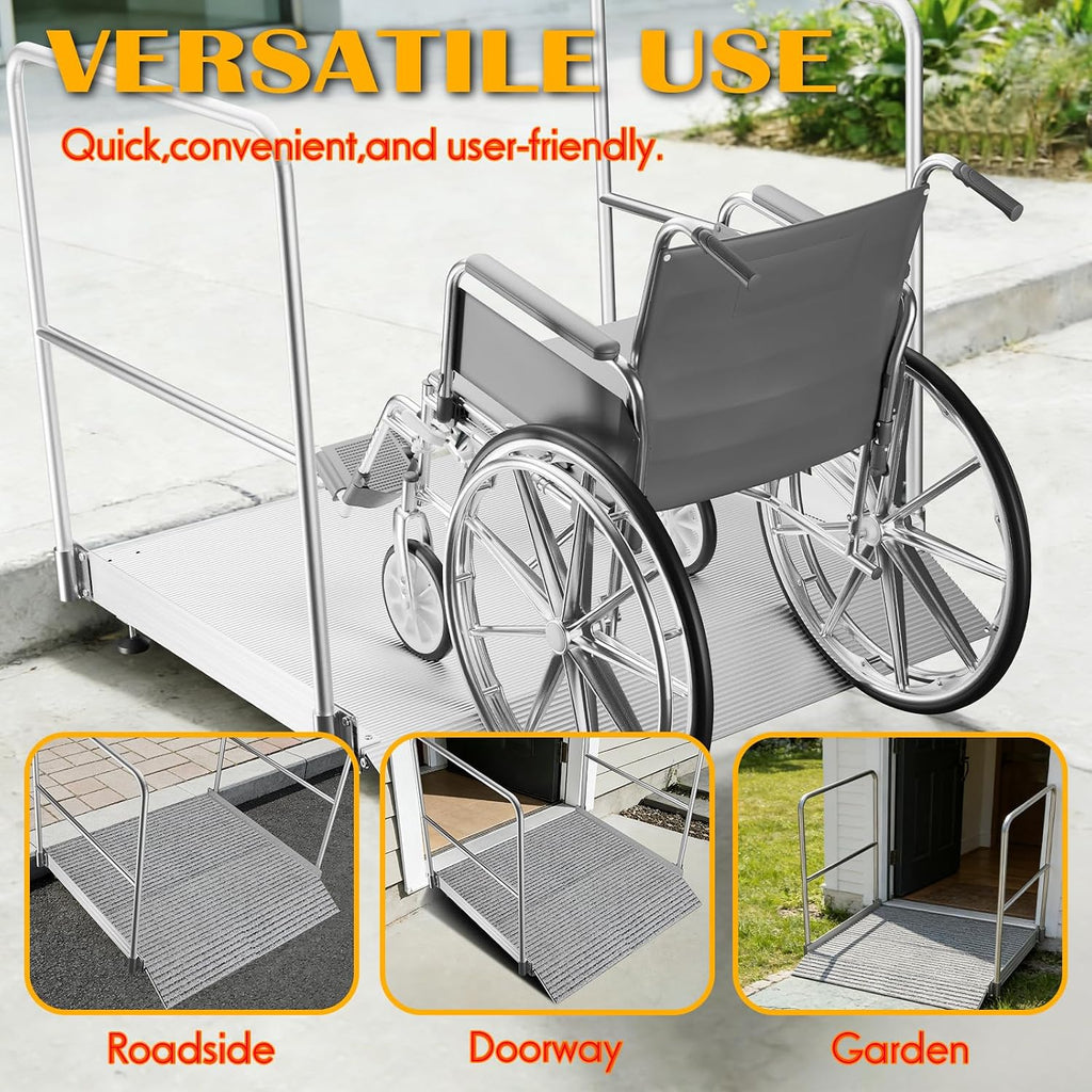 Aluminum Wheelchair Ramp with Handrails, Adjustable Height 3.4' to 7.2' & 880 lbs Capacity, Non-Slip Portable Threshold Ramp for Doorways, Steps, Curbs, Scooters and Walkers