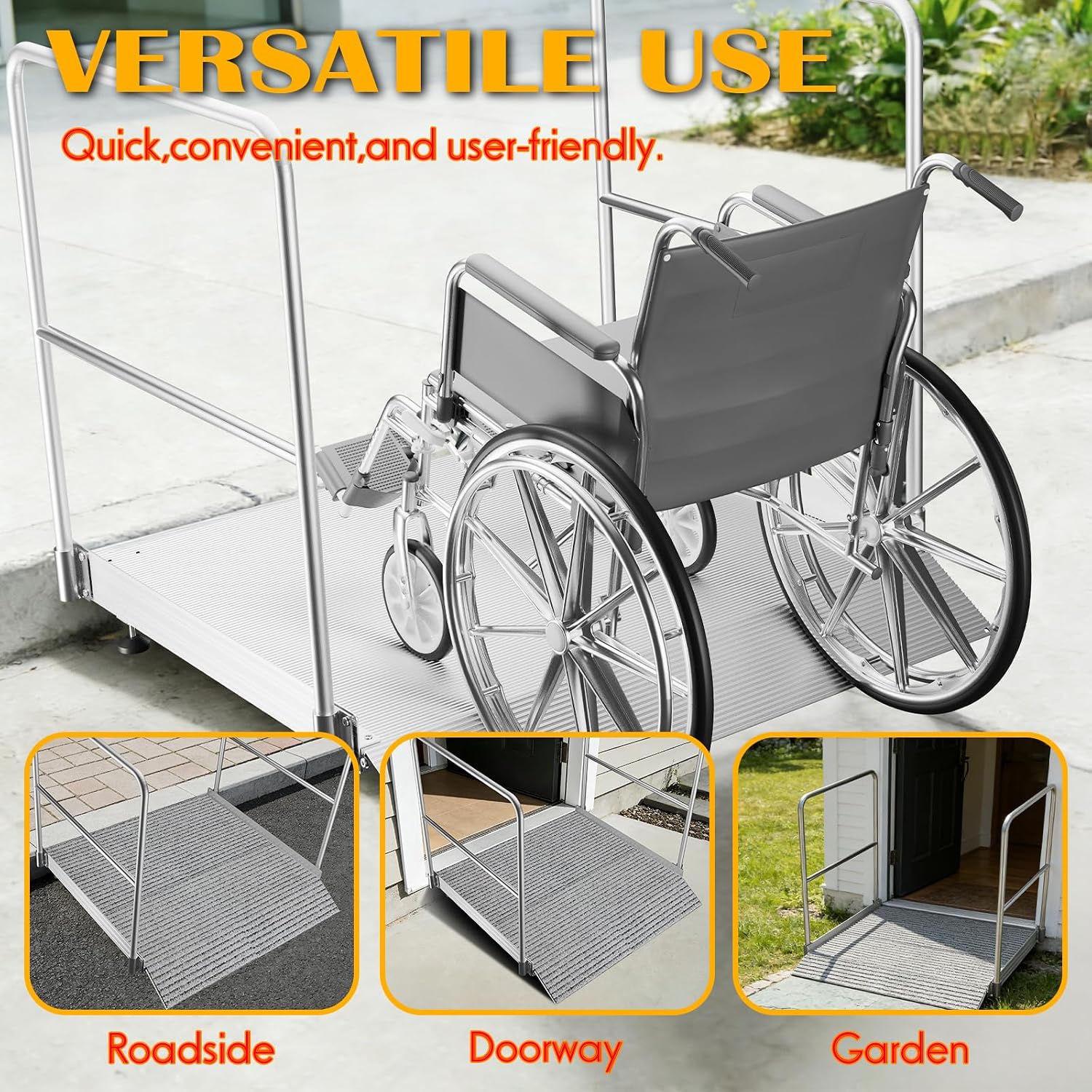 Aluminum Wheelchair Ramp with Handrails, Adjustable Height 3.4' to 7.2' & 880 lbs Capacity, Non-Slip Portable Threshold Ramp for Doorways, Steps, Curbs, Scooters and Walkers