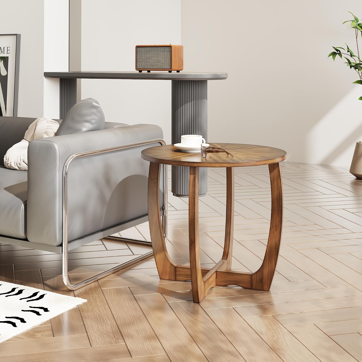 Round End Table, Rustic Farmhouse Side Table with Criss-Cross Wood Legs, Accent Furniture for Family, Dinning or Living Room, Small Coffee Table for Small Spaces, Vintage Brown