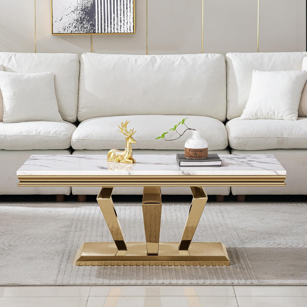 Henf 3 Piece Living Room Table Set, Faux Marble Coffee Table & Console Table & End Table, Luxury White Gold Coffee Table Set of 3 with Mirrored Stainless Steel Base for Living Room Apartment