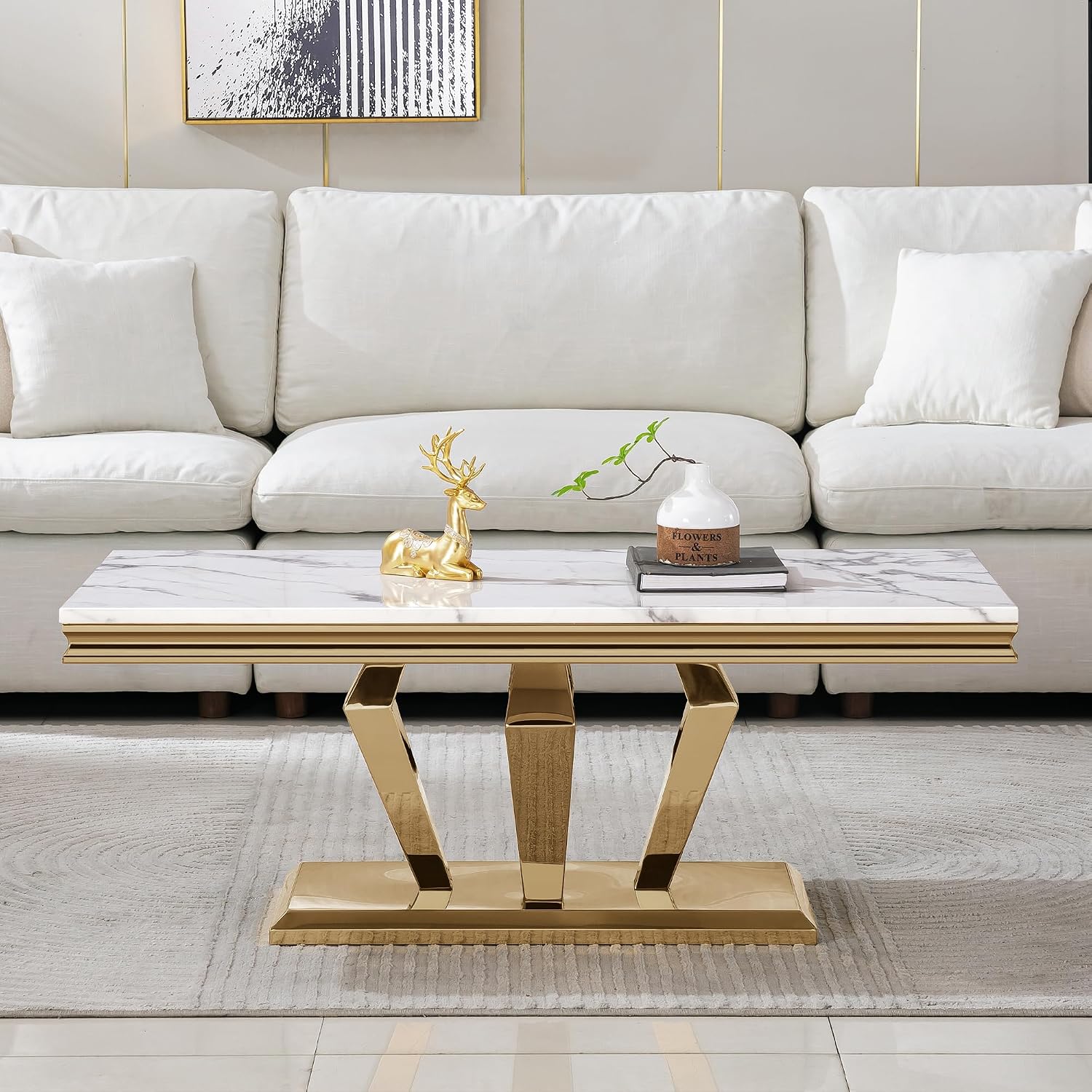 3 Piece Living Room Table Set, Modern Faux Marble Coffee Table and 2 End Tables Set for Living Room Apartment, Mirrored Stainless Steel Base, Imitation Marble Tabletop (White & Gold)