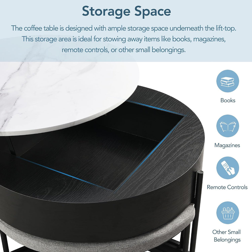 31.5' Modern Round Lift-Top Coffee Table with Storage & 3 Ottoman,White & Black
