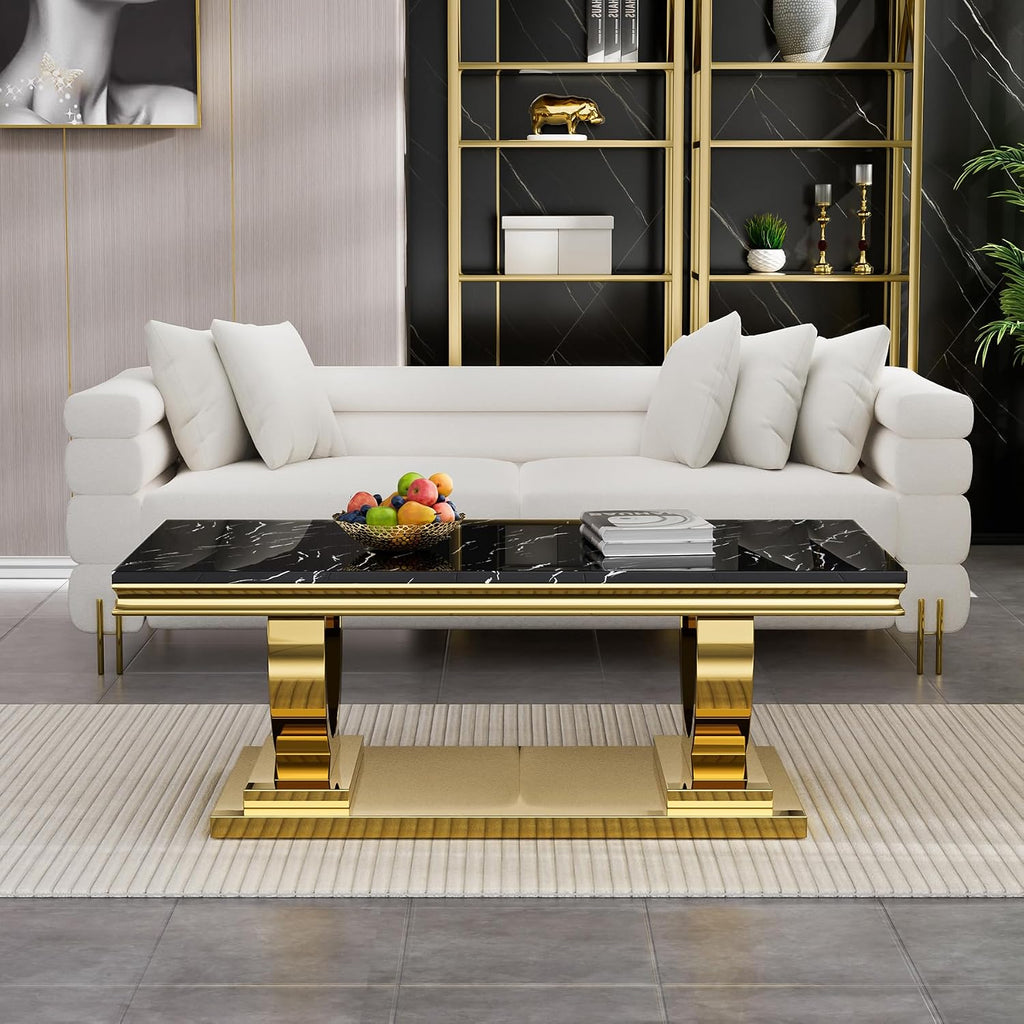 47'' Rectangular Marble Coffee Table Luxury Black Faux Marble Center Table with Gold Double-O Stainless Steel Pedestal Elegant Cocktail Table Sofa Table for Living Room Office