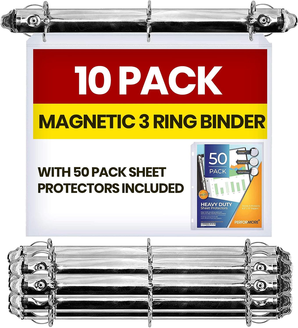 10 Pack Magnetic 3 Ring Binder Mechanism for Hanging, 1 Inch D-Ring Holds 225 Sheets, Heavy Duty for 8.5x11 Paper - Ring Binder Depot - 50 Sheet Protectors, 5S Organization