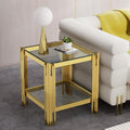 Luxury Gold Glass End Table,Sqaure Sofa Side Table with Shiny Geometric Stainless Steel Base,Clear Glass Accent End Table Bedside Table Nightstand for Living Room Bedroom Office