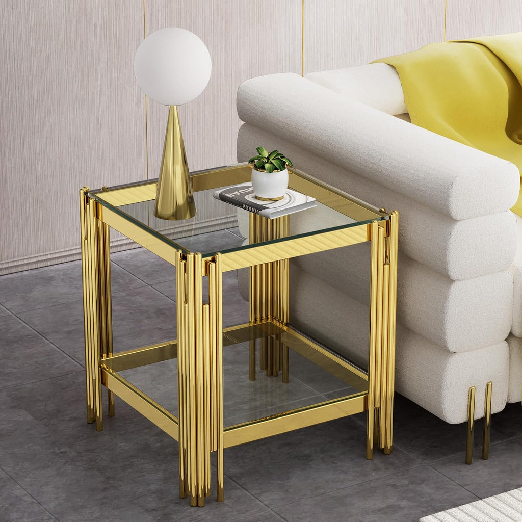 SSLine 2-Piece Living Room Table Set, Modern Clear Glass Coffee Table with 1 End Table, Luxury Rectangle 2-Tier Storage Coffee Table Set with Gold Stainless Steel Frame for Living Room