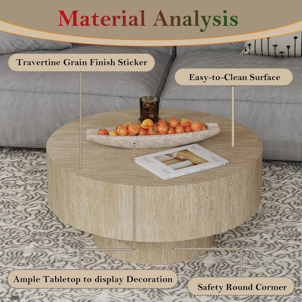 29.92' Travertine Round Coffee Table Modern Circle Low Center Tables - Chic Travertine Grain Veneer for Living Room Farmhouse Apartment Study Office (Travertine Round 29.92in)