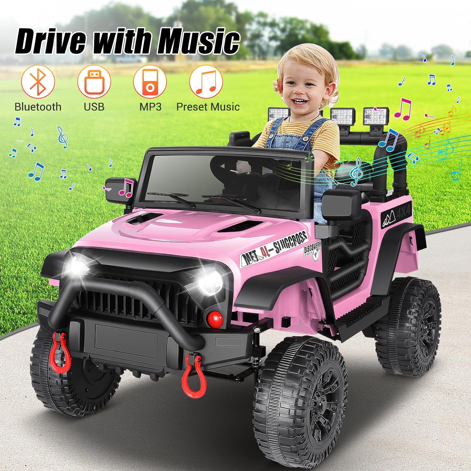 Hikole 24V Ride On Car with Parent Remote Control, Kids Electric Vehicle Car with Spring Suspension, LED Lights & Bluetooth Music Player, Battery Powered Wheels for Boys Girls 3-5, Pink