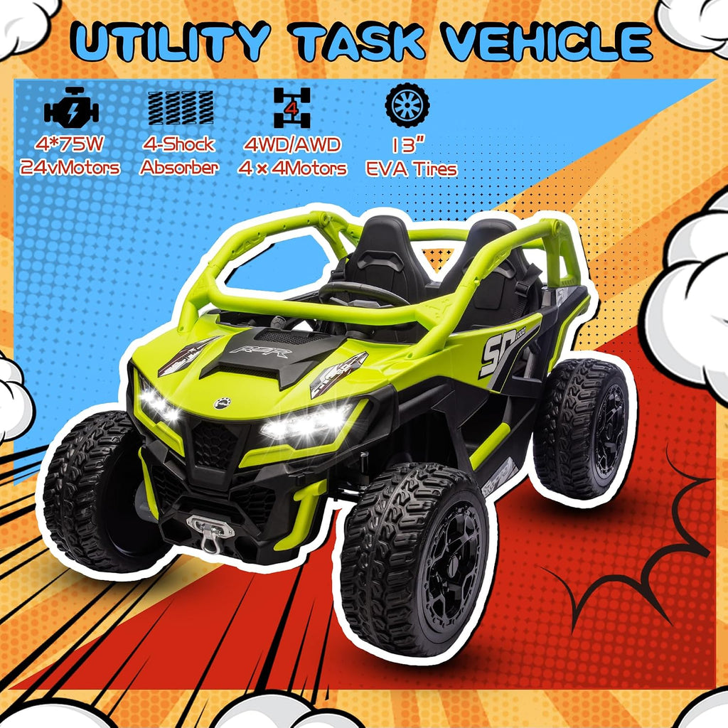 wanan XL 24V 10AH Ride on Toys for Big Kids Real 2-Seater, 4x4 4WD Motor Ride on Car Kid UTV for Kids 3-8, Remote Control, Bluetooth Music, 4 Spring Suspension, 22' Spacious Seats (Green)