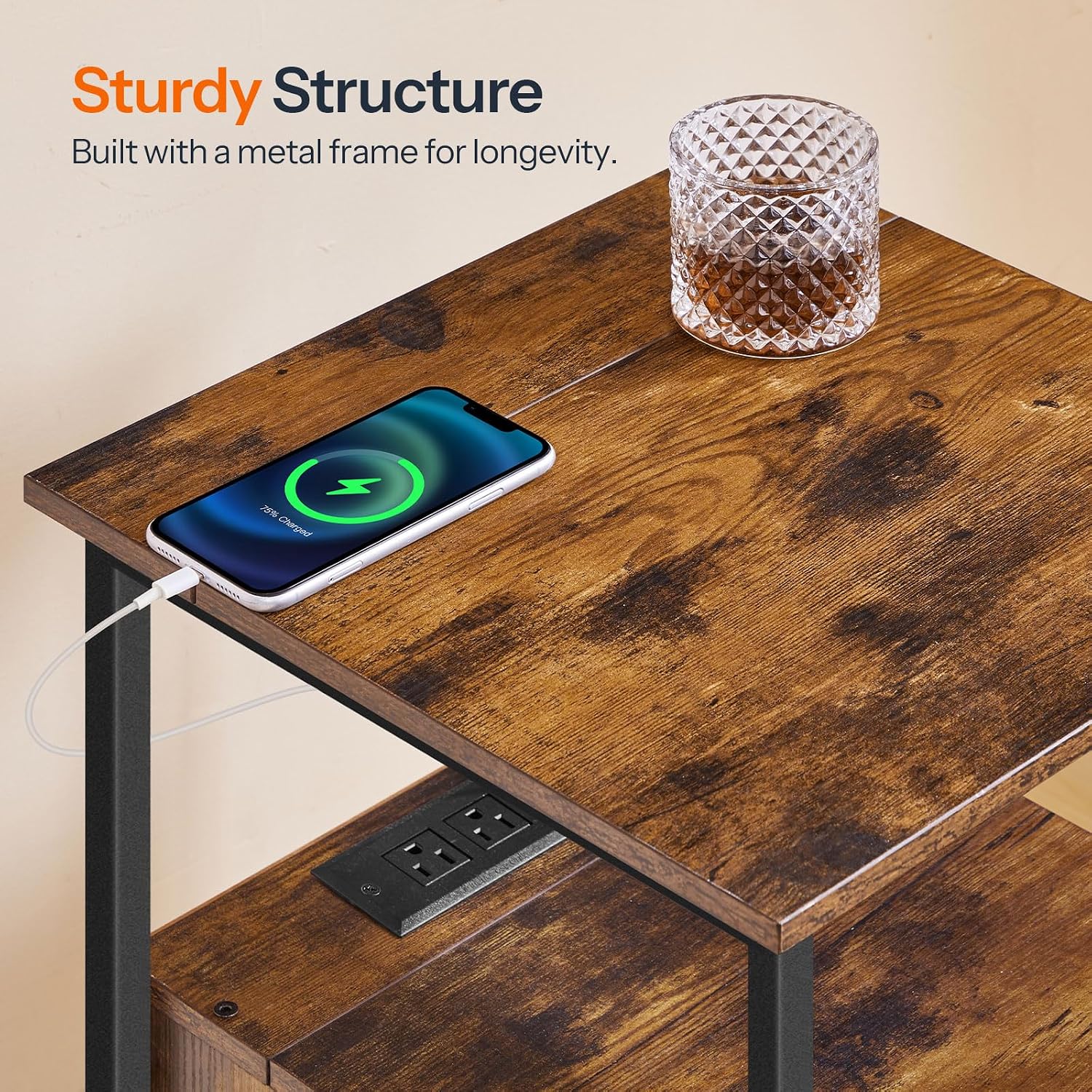 HOOBRO End Table Set of 2 with Charging Station, Bedside Table with 2 Drawer & USB Ports & Type-C Port, Nightstand for Small Spaces, Stable and Sturdy, for Living Room, Rustic Brown BF43UBZP201