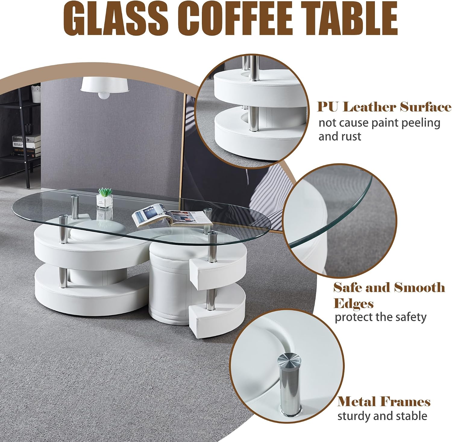 Glass Coffee Table Set with 2 Stools, 49' Oval Coffee Table with Tempered-Glass Table Top and 2 Leather Stools, Modern Center Table Set for Living Room, Home Office