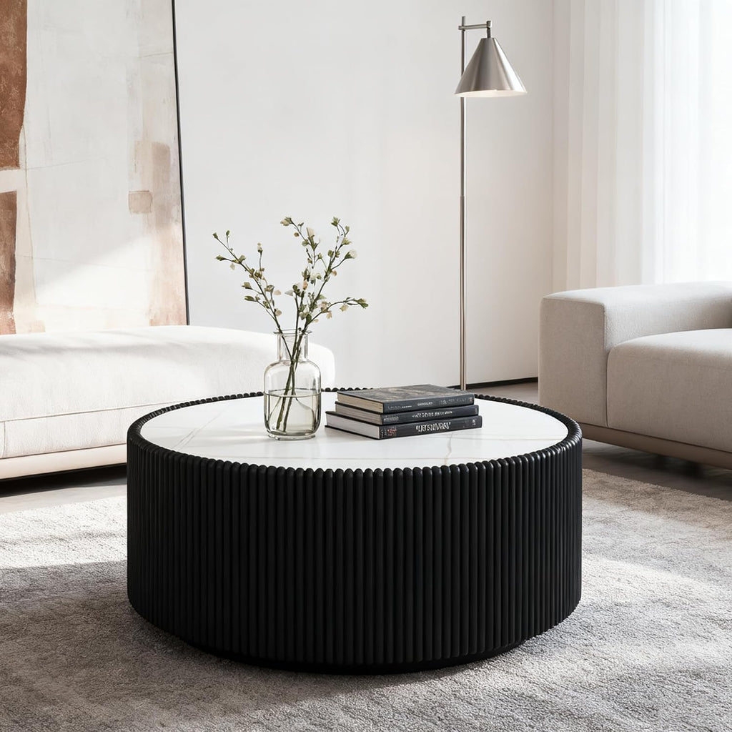 29.52' Round Marble Coffee Table,Modern Fluted Coffee Table w/White Sintered Stone Top & Black PU Leather Covered,Luxury Circle Coffee Cocktail Center Tables for Living Room,No Assembly Required