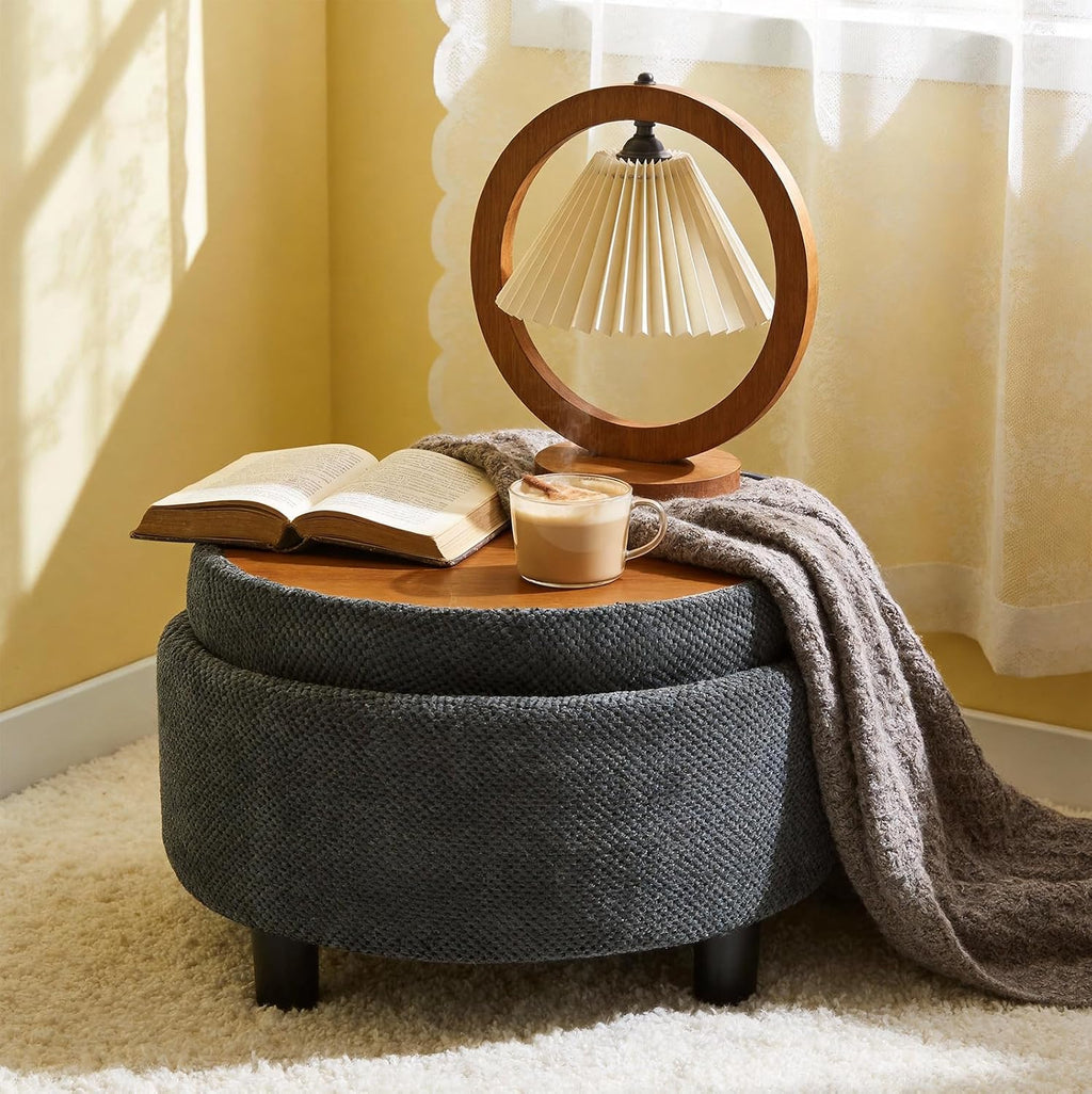 Round Storage Ottoman with Reversible Tray Lid, 25' Upholstered Button Tufted Coffee Table with Storage Foot Rest Stool for Living Room, Bedroom, Entryway, Dark Grey