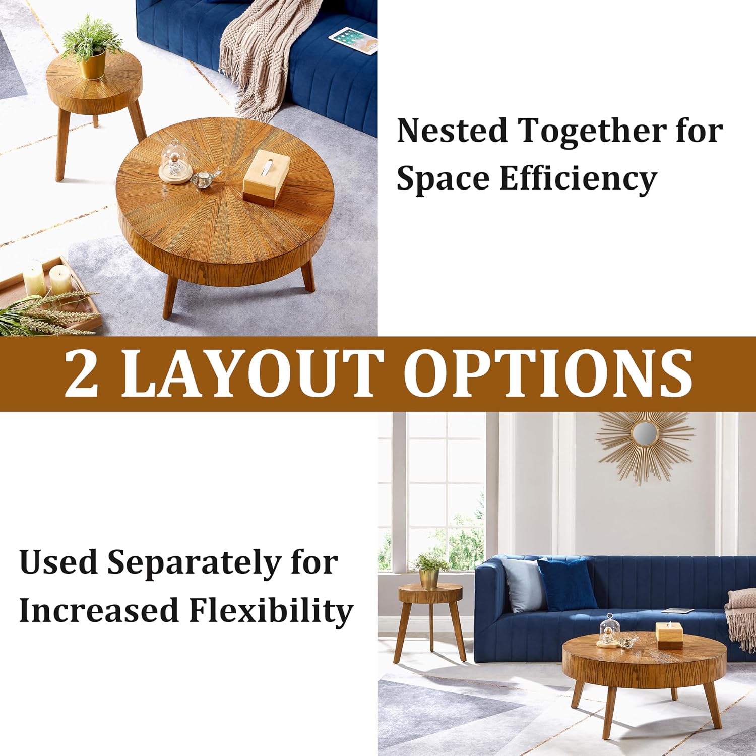 Nesting Round Wood Coffee Table Set of 2 - Wooden Circle Coffee Table ＆ End Table Side Table for Living Room Apartment (Espresso,31x31x14 in)