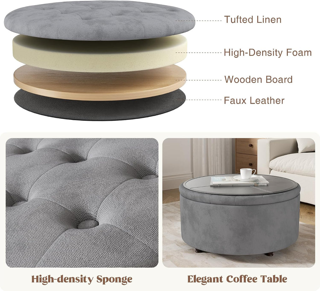 30 Inch Round Storage Ottoman,Modern Tufted Ottomans,Circular Coffee Table with Removable Top,Upholstered Large Ottoman with Storage Footrest Stool for Bedroom Living Room (LIGHTGREY)
