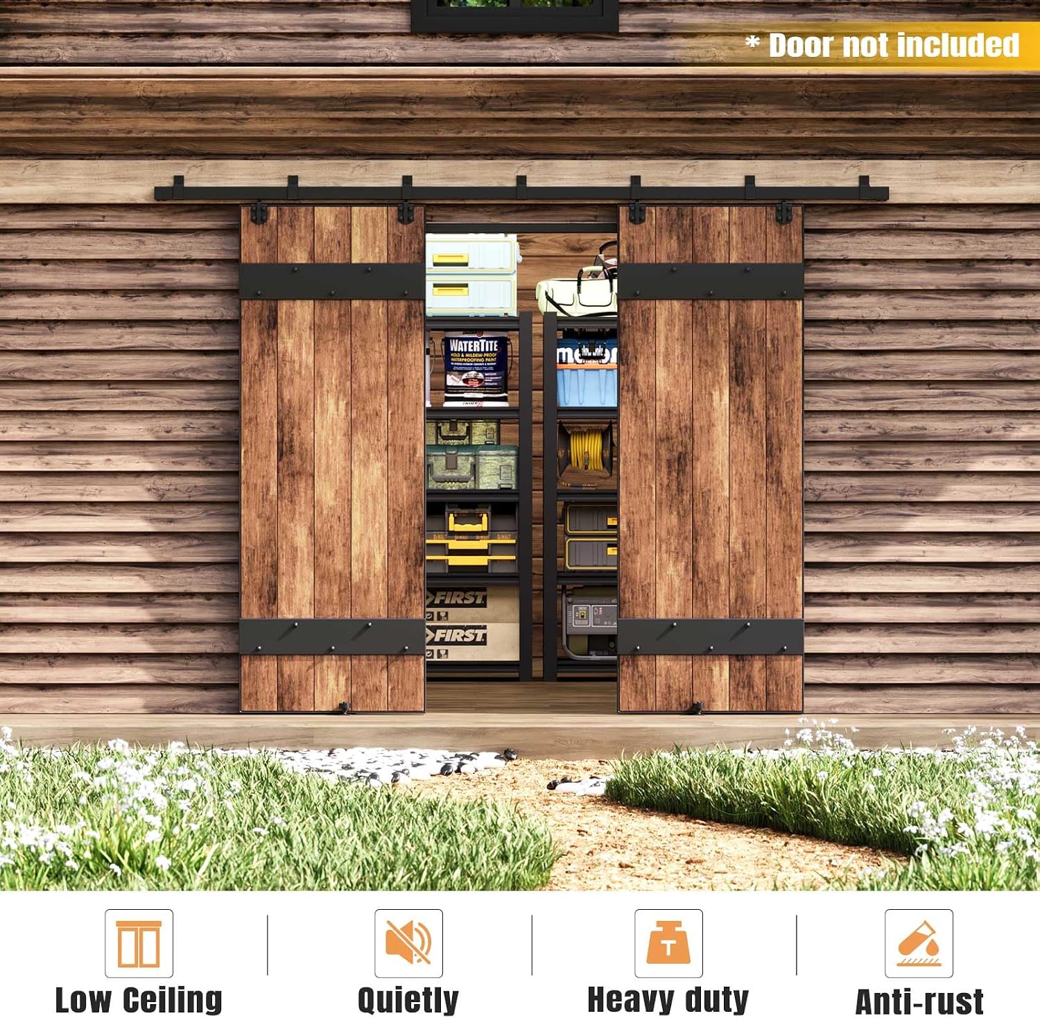 Easelife 10FT Exterior Sliding Barn Door Hardware Kit, Box Rail Track, 450lb Capacity, Black Weather-Resistant Steel, Wall Mount System for Outdoor Use, Fit Double 30in Door