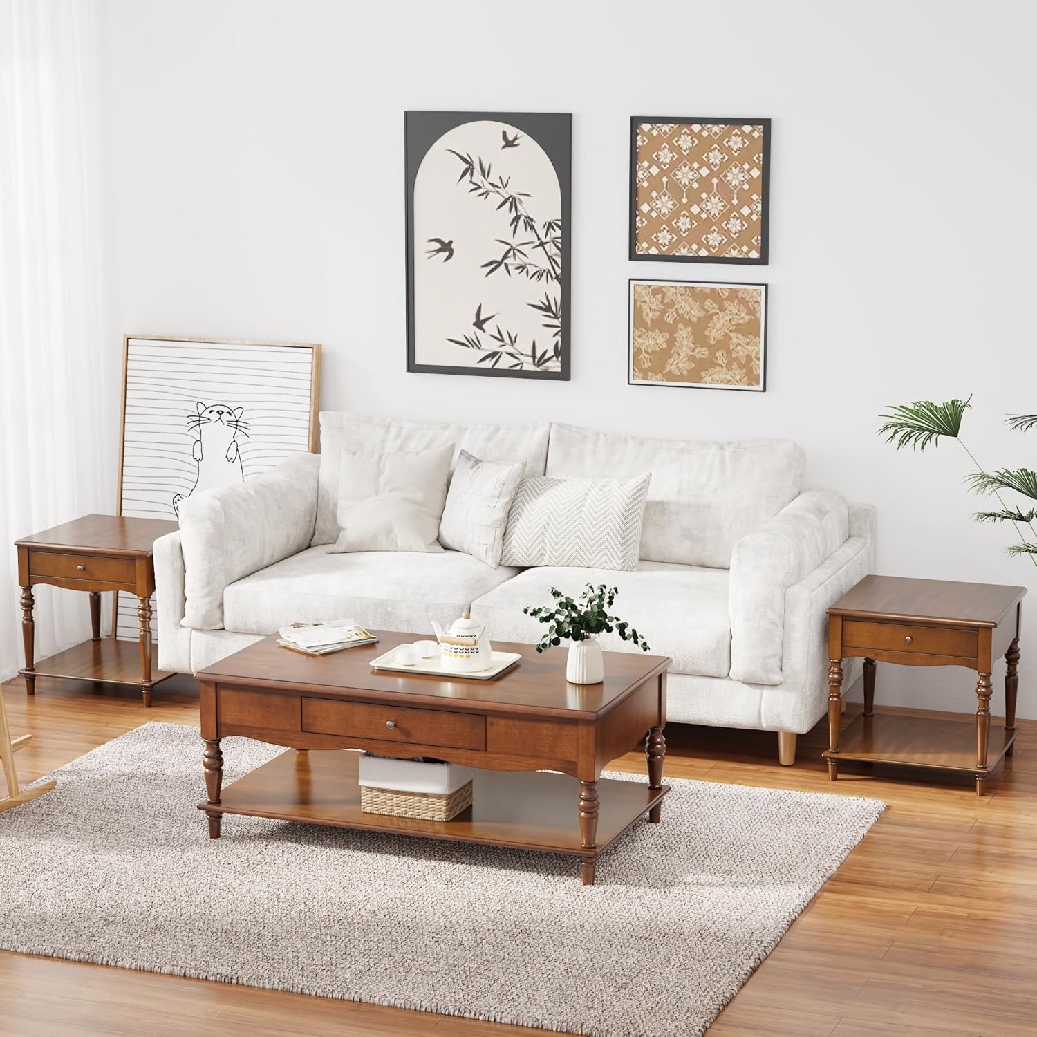 Living Room Table Set-One Rectangular Coffee Table and Two Square End Tables with Storage Drawer, Elegant Vintage Sofa Center Table with Wood Carved legs, No-Tools Assembly, Caramel Brown KFZ-CJZ-C008