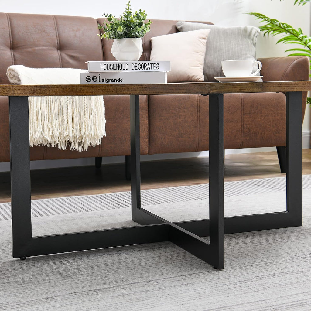 Solid Wood Oval Coffee Table with Cross Metal Legs, 47.9' Industrail Bar Cocktail Table for Living Room Kitchen Office Sofa Table Bristro Table for Cafe/Bar Rustic Brown 1831
